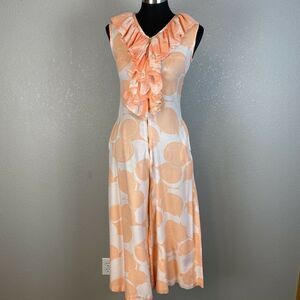 Evelyn Pearson Vintage 60s Ruffle Front Lounge Jumpsuit Size S Peach Wide Leg
